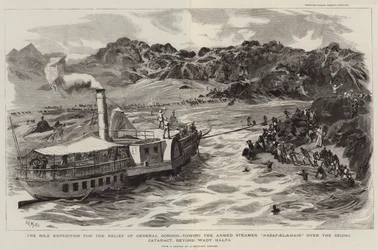 The Nile Expedition for the Relief of General Gordon, Towing the Armed Steamer Nasaf el Khair over the Second Cataract, Beyond Wady Halfa